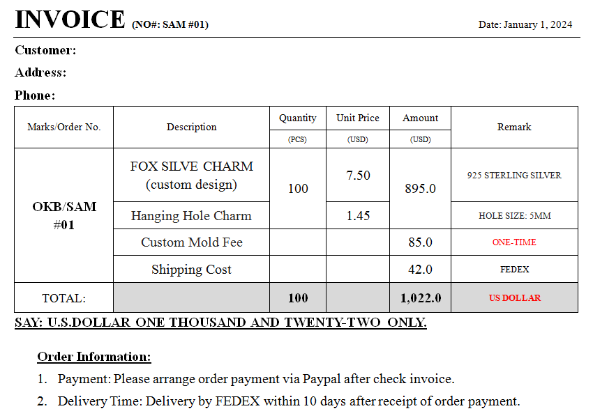 OKCRAFTS ORDER PROFORMA INVOICE